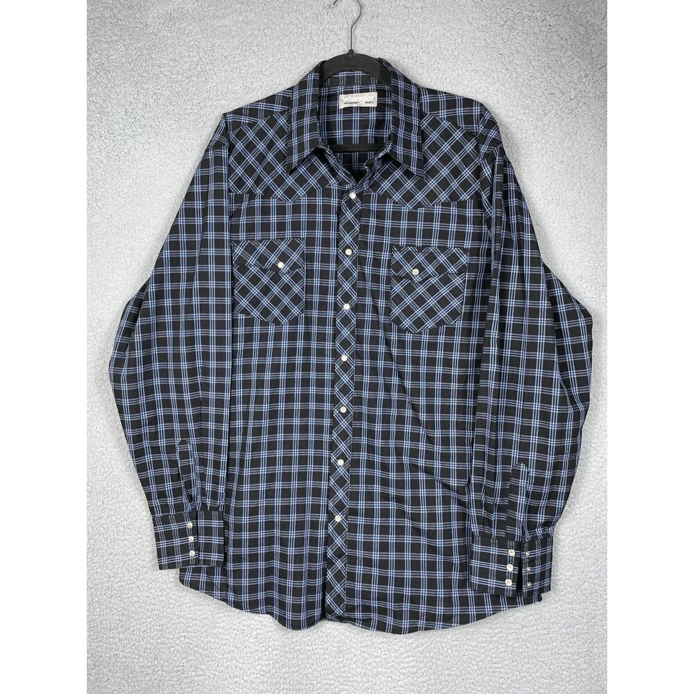Wrangler Wrancher Mens Pearl Snap Long Sleeve Button Up Shirt Black Blue Plaid